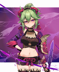  absurdres armor black_gloves black_shorts body_markings breasts commentary_request cowboy_shot crop_top cropped_jacket electricity female fishnets flower_knot genshin_impact gloves gold_trim green_hair hand_on_own_hip highres holding holding_knife ivan_wang jacket knife kuki_shinobu letterboxed long_sleeves looking_at_viewer medium_breasts midriff navel no_mask open_clothes open_jacket parted_lips ponytail purple_eyes purple_jacket rope shimenawa short_shorts shorts shoulder_armor sidelocks sleeveless sleeveless_turtleneck solo stomach thighhighs thighs turtleneck weapon 