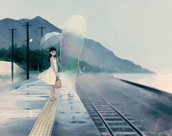  bag black_eyes black_hair breasts commentary_request dress female food highres holding holding_umbrella kokudou_juunigou long_hair looking_at_viewer monster mountain original outdoors popsicle railroad_tracks sandals sleeveless sleeveless_dress smile solo umbrella utility_pole white_dress 