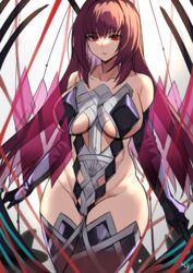  absurdres bangs bare_shoulders black_gloves breasts collarbone covered_navel elbow_gloves fate/grand_order fate_(series) female gloves hair_between_eyes highleg highleg_leotard highres large_breasts leotard lilycious long_hair looking_at_viewer purple_hair red_eyes scathach_(fate)_(all) scathach_(fate/grand_order) sideboob thighhighs thighs 