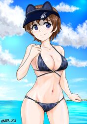  akaboshi_koume animal_hat bikini black_bikini black_hat blue_eyes blue_sky breasts brown_hair cat_hat cleavage cloud cloudy_sky collarbone cowboy_shot day female girls_und_panzer groin halterneck hat highres horizon looking_at_viewer medium_breasts navel nspa_(spa-jcs) o-ring o-ring_bikini ocean outdoors panther_print paw_print print_bikini shore short_hair sky smile solo standing swimsuit thighs visor_cap wavy_hair 