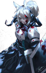  absurdres animal_ear_fluff animal_ears arknights armor black_gloves blood blood_on_clothes blood_on_face blue_scarf breastplate brown_eyes chinese_commentary commentary crack female gloves hair_between_eyes highres horse_ears horse_girl long_hair nearl_(arknights) parted_lips pauldrons ponytail qtian scarf shield shoulder_armor signature solo torn torn_clothes torn_scarf vial white_background white_hair zipper 