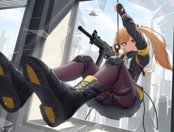  aircraft armband ass black_footwear black_gloves black_jacket black_pantyhose boots brown_hair building cityscape closed_mouth english_commentary female fingerless_gloves girls&#039;_frontline gloves grey_skirt gun h&amp;k_ump helicopter highres holding holding_gun holding_rope holding_weapon jacket knee_pads long_hair long_sleeves open_clothes open_jacket pantyhose purple_eyes rappelling rope scar scar_across_eye shirt shoe_soles skirt smile solo submachine_gun tenroy thighs through_window torn_clothes torn_pantyhose twintails ump9_(girls&#039;_frontline) weapon white_shirt window yellow_armband 