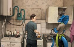  anthro appliance apron blue_body blue_scales cabinet clothed clothing cooking cookware cupboard detailed_background digital_media_(artwork) digital_painting_(artwork) duo ethrk eye_contact fangs female frying_pan hi_res human kitchen kitchen_utensils looking_at_another male mammal plates_(disambiguation) rear_view reptile romantic romantic_couple scales scalie smile snake stove teeth tile tile_wall tools wall_(structure) washing_dishes 