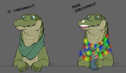  alligator alligatorid benji_(artist) benji_alligator_(benji) beverage big_eyes braces candy chocolate christmas christmas_lights cocaine cocaine_on_nose container crocodilian cup dessert drugs feral food hi_res holidays hot_chocolate male merr_chrismas reptile scalie scarf semi-anthro smile solo 