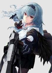  black_gloves black_hairband black_jacket black_pantyhose black_skirt blue_hair closed_mouth clothes_pull female girls&#039;_frontline gloves gun hairband highres holding holding_gun holding_weapon jacket jacket_pull long_hair looking_at_viewer nakiusagi neck_ribbon pantyhose pointing_weapon red_eyes red_ribbon ribbon scar scar_on_face scar_on_neck shirt skirt solo standing thunder_(girls&#039;_frontline) triple_action_thunder weapon white_background white_shirt 