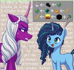  alicorn blaze_(minecraft) blaze_powder blaze_rod bodily_fluids braided_hair clenched_teeth cornrows curled_hair diamond_pickaxe duo ender_pearl equid equine eye_bags eye_of_ender female feral hair hasbro horn mammal microsoft minecraft misty_brightdawn_(mlp) mlp_g5 mojang my_little_pony mythological_creature mythological_equine mythology opaline_(mlp) sweat sweatdrop teeth unicorn uotapo wings xbox_game_studios 