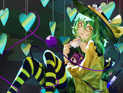  bangs black_headwear black_legwear bow card club_(shape) commentary cup diamond-shaped_pupils diamond_(shape) english_commentary eyeball eyelashes female frilled_shirt_collar frills green_eyes green_hair green_skirt hair_between_eyes hairband hand_up hat hat_ribbon heart heart_of_string highres holding holding_cup holding_stuffed_toy knife knifed komeiji_koishi komeiji_satori long_sleeves looking_at_viewer medium_hair naufaldreamer object_hug one_eye_closed pantyhose parted_lips pink_hair playing_card red_hairband ribbon shirt short_hair sidelocks skirt slouching solo spade_(shape) sparkle striped striped_legwear stuffed_toy symbol-shaped_pupils third_eye touhou two-tone_legwear wide-eyed yellow_bow yellow_legwear yellow_ribbon yellow_shirt 