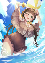  absurdres ball beachball birthday blue_sky blush breasts brown_hair cloud cloudy_sky commentary eyewear_on_head female green_eyes highres large_breasts long_hair looking_at_viewer love_live! love_live!_superstar!! low_twintails one_eye_closed pukonuu sakurakoji_kinako signature sky smile solo star-shaped_eyewear star_(symbol) sunglasses sunlight thick_thighs thighs twintails water 