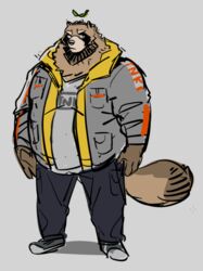  2022 anthro bottomwear brown_body canid canine clothing cyanroll humanoid_hands leaf male mammal overweight overweight_male pants raccoon_dog shirt simple_background solo tanuki topwear 