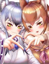  2girls :3 animal_ear_fluff animal_ears blush bone_necklace breasts brown_eyes brown_hair closed_mouth extra_ears forked_eyebrows fur_collar glowing glowing_hair grey_hair hair_between_eyes heart heart_hands heart_hands_duo highres japanese_wolf_(kemono_friends) kemono_friends kemono_friends_3 long_hair long_sleeves looking_at_viewer makami_(kemono_friends) multicolored_hair multiple_girls neckerchief neukkom oerba_yun_fang open_mouth plaid_neckerchief short_hair_with_long_locks smile two-tone_hair white_hair wolf_ears wolf_girl yellow_eyes 