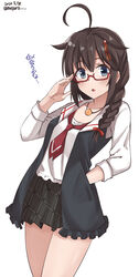  ahoge bad_id bad_twitter_id bespectacled black_hair black_skirt black_vest blouse blue_eyes braid commentary_request cowboy_shot dated female frilled_skirt frills glasses hair_flaps hair_ornament hair_over_shoulder hand_in_pocket highres jewelry kantai_collection looking_at_viewer meguru_(megurunn) neckerchief necklace one-hour_drawing_challenge plaid plaid_skirt pleated_skirt red-framed_eyewear red_neckerchief shigure_(kancolle) shigure_kai_ni_(kancolle) shirt simple_background single_braid skirt solo vest white_background white_shirt 