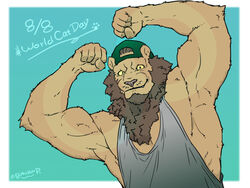  2021 4:3 anthro backwards_baseball_cap backwards_hat baseball_cap beard biceps blue_background border butusan_p clothed clothing dated english_text facial_hair felid flexing fur half-length_portrait hashtag hat headgear headwear lion looking_at_viewer male mammal mane mr._amino muscular muscular_anthro muscular_male number obliques pantherine portrait shirt signature simple_background smile solo tank_top text topwear tuft url white_border 