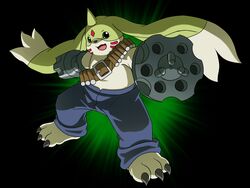  4:3 ammo_belt anthro bandai_namco beady_eyes bottomwear claws clothing denim denim_bottomwear denim_clothing digimon digimon_(species) fallacies fur gargomon green_body green_fur gun_arm hi_res horn jeans male pants shirtless slightly_chubby solo 