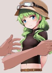  absurdres ash_arms belt blue_eyes blush bt-5_(ash_arms) commentary_request female goggles green_hair hat highres long_hair looking_away momo_(higanbana_and_girl) navel shirt simple_background solo tears tight_clothes tight_shirt 