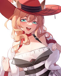  :d animal_ears aqua_eyes arknights bare_shoulders black_dress blonde_hair blush breasts cat_ears choker cleavage commentary dress ears_through_headwear feather_boa female hair_between_eyes heidi_(arknights) highres large_breasts ling_huanxiang long_hair looking_at_viewer open_mouth red_choker red_headwear simple_background smile solo upper_body white_background 