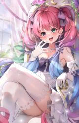  absurdres ahoge blush breasts candy_hair_ornament dress female food-themed_hair_ornament gloves gradient_hair green_eyes hair_ornament heterochromia highres himemori_luna himemori_luna_(4th_costume) hololive long_hair looking_at_viewer medium_breasts multicolored_hair no_panties official_alternate_costume pink_hair princess purple_eyes purple_hair ribbon scarlet_(wv0102) smile solo thighhighs twintails virtual_youtuber wavy_hair 