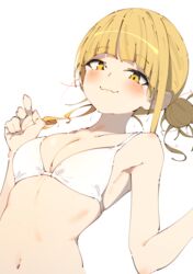  absurdres bikini bikini_top_only blonde_hair blunt_bangs boku_no_hero_academia breasts closed_mouth female hair_bun highres looking_at_viewer navel rasusurasu simple_background smile solo swimsuit toga_himiko upper_body white_background white_bikini yellow_eyes 