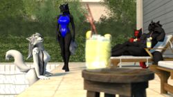  16:9 3d_(artwork) anthro beverage black_body black_fur black_sclera canid canine canis clothing digital_media_(artwork) eyewear female fur group hi_res lemonade looking_at_another male mammal outside petruz_(copyright) smile source_filmmaker_(artwork) sunbed sunglasses swimming_pool swimwear white_body white_fur widescreen wolf wolf_(petruz) wolfikous 