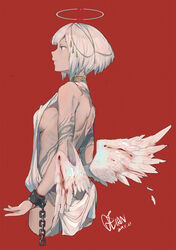  angel angel_wings back bare_shoulders bleeding blood bloody_wings blue_eyes chains cuffs dated feathered_wings feathers female film_grain fingernails halo highres low_wings mini_wings original parted_lips qtian red_background shackles short_hair signature simple_background solo tattoo white_hair wings 