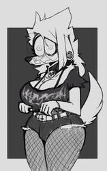  alternative_fashion anthro bottomwear breasts canid canine canis cleavage cleavage_cutout clothed clothing collar cutout dobermann domestic_dog ear_piercing eyewear female fishnet_clothing fishnet_legwear floppy_ears gauged_ear glasses goth greyscale gynomorph_(lore) hotpants juicy_(juicyghost) juicyghost legwear mammal monochrome piercing pinscher shirt shorts simple_background solo tank_top topwear trans_(lore) trans_woman_(lore) wide_eyed 