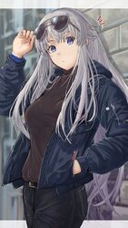  absurdres azur_lane black_pants blue_eyes breasts closed_mouth collared_shirt commentary_request cowboy_shot denim eagle_union_(emblem) enterprise_(azur_lane) enterprise_(bon_voyage)_(azur_lane) eyewear_on_head female hand_in_pocket highres hood hood_down jacket jeans large_breasts long_hair long_sleeves looking_at_viewer official_alternate_costume open_clothes open_jacket origami_yakko pants shirt solo standing very_long_hair watch white_hair wristwatch 