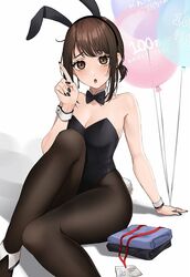  animal_ears balloon bare_shoulders brown_hair bunny_ears detached_collar douki-chan_(yomu_(sgt_epper)) expulse fake_animal_ears ganbare_douki-chan pantyhose playboy_bunny sheer_legwear short_ponytail sidelocks tied_hair wrist_cuffs 