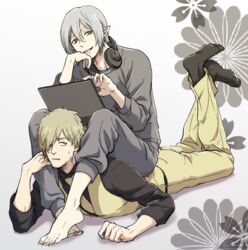  2boys black_legwear computer facial_hair feet_up grey_hair grey_pants hair_between_eyes hair_over_one_eye headphones headphones_around_neck inugami_kohachi kemono_jihen laptop long_sleeves looking_at_viewer lying male_focus mihai_florescu moyo_(inuchiyo) multiple_boys necktie on_stomach pants pointy_ears red_eyes simple_background stubble the_pose vest 