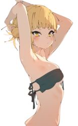  absurdres arms_up bikini black_bikini blonde_hair blunt_bangs blush boku_no_hero_academia breasts closed_mouth cropped_torso eyelashes eyepatch_bikini female hair_bun highres looking_at_viewer medium_breasts rasusurasu simple_background solo swimsuit toga_himiko upper_body white_background yellow_eyes 