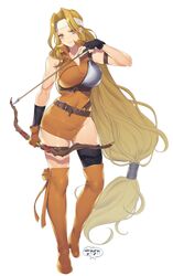  absurdly_long_hair armor arrow_(projectile) belt belt_buckle blonde_hair boots bow_(weapon) breastplate brigid_(fire_emblem) buckle closed_mouth commentary_request dress female fingerless_gloves fire_emblem fire_emblem:_genealogy_of_the_holy_war full_body gloves headband highres holding holding_weapon long_hair looking_at_viewer low-tied_long_hair muneate murata_tefu short_dress single_thighhigh skin_tight skindentation solo thighhighs thighs very_long_hair weapon white_background yellow_eyes 