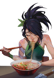  akali bare_shoulders black_hair bowl breasts chopsticks closed_eyes commentary eating female food green_hairband green_shirt hairband highres holding holding_chopsticks league_of_legends long_hair medium_breasts noodles ponytail qi_mang_(qimang) ramen shirt solo symbol-only_commentary upper_body weapon 