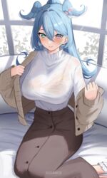  +_+ absurdres adjusting_clothes artist_name blue_hair bra breasts button_up_skirt cardigan earrings elira_pendora elira_pendora_(3rd_costume) feet_out_of_frame female green_eyes gudanco_(nyanmeowzer) hands_up head_wings heterochromia high-waist_skirt highres jewelry large_breasts long_sleeves nijisanji nijisanji_en official_alternate_costume open_cardigan open_clothes ponytail purple_eyes semi-transparent shirt sitting skirt solo sweat turtleneck underwear virtual_youtuber white_shirt window wings 