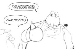  anthro belly big_man_(splatoon) body_hair chest_hair clothing duo english_text fish gesture hand_gesture hi_res hunter-husky male male/male manta_ray marine monochrome mr._coco_(splatoon) musclegut muscular nintendo pecs ray_(fish) shirt splatoon stingray tank_top text thumbs_up topwear 