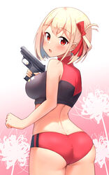  :o ass blush bob_cut breasts buruma clenched_hand commentary_request cowboy_shot female floral_background floral_print flower from_behind gradient_background gun h&amp;k_vp70 hair_ribbon handgun highres holding holding_gun holding_weapon karua_(karua23) large_breasts lycoris_recoil midriff nishikigi_chisato official_alternate_costume one_side_up open_mouth pink_background red_buruma red_eyes red_ribbon ribbon short_hair solo spider_lily spider_lily_print sports_bikini sports_bra sportswear track_and_field trigger_discipline two-tone_sports_bra weapon white_background 