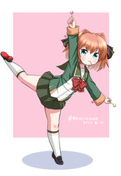  black_footwear black_ribbon blue_eyes brown_hair candy drawstring female food full_body green_jacket green_sailor_collar green_skirt hachijou_(kancolle) hair_ribbon holding holding_candy holding_food holding_lollipop jacket kantai_collection kneehighs lollipop long_sleeves looking_at_viewer mary_janes masara_(chuujou) neck_ribbon one-hour_drawing_challenge pleated_skirt pom_pom_(clothes) red_ribbon ribbon sailor_collar school_uniform serafuku shoes short_hair skirt socks solo standing standing_on_one_leg white_socks 