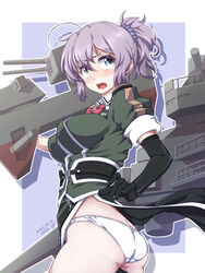  547th_sy adapted_turret alternate_costume aoba_(kancolle) black_gloves blue_eyes bow bowtie breasts cannon collared_shirt cosplay elbow_gloves female gloves hair_between_eyes highres jacket kantai_collection looking_at_viewer machinery medium_breasts messy_hair necktie open_mouth panties pelvic_curtain ponytail purple_hair red_bow red_bowtie red_necktie scrunchie shirt short_sleeves side_slit single_elbow_glove single_glove single_thighhigh smile solo thighhighs tone_(kancolle) tone_kai_ni_(kancolle) tone_kai_ni_(kancolle)_(cosplay) turret underwear white_panties 