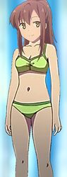  aoyama_nanami artist_request bare_arms bare_legs bikini blue_background breasts brown_hair cleavage closed_mouth female fujii_masahiro green_bikini happy headshop high_ponytail long_hair midriff ponytail sakura-sou_no_pet_na_kanojo smile solo standing swimsuit third-party_edit very_long_hair yellow_eyes 