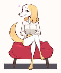  2021 4_toes aggretsuko anthro barefoot bent_legs borzoi bottomless canid canine canis casual_exposure claws clothed clothing crossed_arms crossed_legs domestic_dog dress_shirt feet female front_view full-length_portrait hi_res hunting_dog inui_(aggretsuko) junyois leg_over_edge leg_over_thigh looking_at_viewer mammal over_edge portrait pose sanrio shirt sighthound sitting smile smiling_at_viewer solo toe_claws toes topwear white_clothing white_shirt white_topwear 