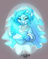  2021 5_fingers anthro axe blue_eyes blue_hair breasts bride claws clothed clothing constance_hatchaway_(the_haunted_mansion) crown digital_media_(artwork) disney disney_parks dress evil_grin eyebrows eyelashes felid female fingers gem ghost glowing green_eyes hair hatchet headgear hi_res jesterghastly jewelry mammal melee_weapon necklace pantherine pearl_(gem) pearl_necklace sharp_teeth smile solo spirit stripes teal_eyes teeth the_haunted_mansion tiara tiger weapon wedding_dress wedding_veil 