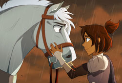  2021 ambiguous_gender bridle brown_eyes brown_hair centaurworld closed_smile clothed clothing digital_drawing_(artwork) digital_media_(artwork) duo equid equine eye_contact female female_(lore) feral fully_clothed grey_body hair hair_bun hair_up horse horse_(centaurworld) human looking_at_another mammal mane mouth_closed netflix outside raining reins rider_(centaurworld) smile tan_body tan_skin touching_face unavailable_at_source vernidex white_hair white_mane worried 