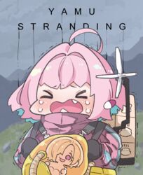  &gt;o&lt; ahoge baby backpack bad_id bad_pixiv_id bag bb-28 bb-28_(cosplay) chibi copyright_name cosplay crying death_stranding hair_ornament hair_over_one_eye harness idolmaster idolmaster_cinderella_girls multicolored_hair odradek oerba_yun_fang parody pill pill_hair_ornament pink_hair sam_porter_bridges sam_porter_bridges_(cosplay) shirasaka_koume smoking_pipe takato_kurosuke title_parody trembling two-tone_hair yumemi_riamu 