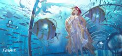  agas_(vpwt7475) air_bubble alchemy_stars aquarium aquarium_tunnel bikini blonde_hair blurry blurry_foreground bubble butterflyfish closed_mouth detached_sleeves dolphin feet_out_of_frame female fish gronru_(alchemy_stars) gronru_(day_at_the_aquarium)_(alchemy_stars) highres light long_hair multicolored_hair navel official_art red_hair see-through see-through_shirt see-through_sleeves shirt smile solo standing swimsuit tropical_fish twintails two-tone_hair very_long_hair water white_bikini 