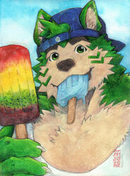  anthro backwards_baseball_cap backwards_hat baseball_cap bust_portrait canid canine canis clothing domestic_dog eyebrows food fur green_body green_eyes green_fur hat headgear headwear lifewonders live_a_hero looking_at_viewer male mammal mokdai popsicle portrait shirt smile solo tank_top thick_eyebrows topwear toronoekaki 