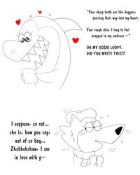  anthro canid canine clothing dialogue drememoto duo english_text female fish hanna-barbera hat headgear headwear heart_symbol hearts_around_body hearts_around_head jabberjaw jabberjaw_(character) jellystone_(hbo_max) loopy_(loopy_de_loop) loopy_de_loop mammal marine scarf shark sharp_teeth simple_background teeth text white_background 