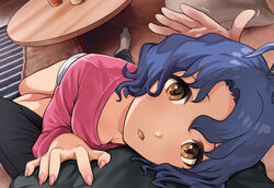  1boy :o antenna_hair arm_around_back bad_id bad_pixiv_id black_pants blue_hair blush breasts brown_eyes cleavage coffee_table cuddling female grey_shirt hanamasa_ono highres idolmaster idolmaster_million_live! indoors light_blush long_sleeves looking_at_viewer looking_up medium_breasts nail_polish open_mouth pants parted_bangs pillow pink_shirt pov rug shirt short_hair short_shorts shorts sweat sweatdrop table toyokawa_fuka white_shorts 