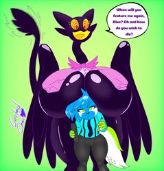  alduin_hearth_(character) anthro avian barnaby_(billie_bust_up) big_breasts billie_bust_up bird blue_body blue_fur boob_hat bow_tie breast_on_head breasts canid canine canis colorful_theme crazybluedog.exe_(artist) domestic_dog duo english_text feathered_arms feathers featureless_breasts female femboy feral fur ghost glistening glistening_body glistening_breasts glistening_feathers heavy_breasts hi_res huge_breasts humanoid husky male male/female mammal mtf_crossgender non-mammal_breasts nonbinary_(lore) nordic_sled_dog owl rule_63 smile sparklefur sparkles spirit spitz tail tail_motion tailwag text thick_thighs unimpressed wide_hips yellow_mouth yellow_sclera 