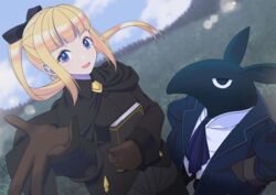  aroha_j black_bow black_cape blonde_hair blue_neckwear book bow brown_gloves cape day female formal gloves grass hands_on_own_hips long_sleeves outdoors pixiv_fantasia pixiv_fantasia_age_of_starlight purple_eyes sidelocks standing suit tapir 