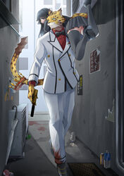  absurd_res anthro blood blood_on_clothing bodily_fluids bottomwear captured carrying_another carrying_over_shoulder clothing duo felid female female_protagonist_(tas) fur gun handgun hi_res human human_on_anthro interspecies kuru_bushi18 leopard lifewonders male male/female mammal markings necktie ose_(tas) pantherine pistol protagonist_(tas) ranged_weapon school_uniform secret_agent skirt spots spotted_body spotted_fur suit tokyo_afterschool_summoners uniform weapon yellow_body yellow_fur 