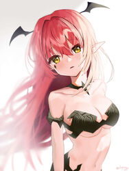  armlet armor bad_id bad_pixiv_id bare_shoulders bikini_armor black_choker blush breasts choker cleavage collarbone demon_girl dopoing facial_mark female gradient_background hair_intakes head_wings highres long_hair medium_breasts navel original parted_lips pointy_ears red_hair solo stomach upper_body very_long_hair white_background wings yellow_eyes 