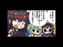  3girls akemi_homura akuma_homura animal_ears black-framed_eyewear black_border black_hair border bow bowtie braid cat_ears cellphone chibi chitose_yuma detached_collar dot_nose dress elbow_gloves fake_animal_ears furrowed_brow glasses gloves green_dress green_eyes green_hair hairband hairbow hands_up holding holding_phone light_blush long_hair magia_record:_mahou_shoujo_madoka_magica_gaiden mahou_shoujo_madoka_magica medium_hair multiple_girls necktie open_mouth outline papa_(shimeguru) phone pink_bow pink_bowtie purple_dress purple_eyes purple_gloves purple_necktie red_bow red_hairband semi-rimless_eyewear short_twintails simple_background smartphone sound_effects straight_hair sweat tearing_up translation_request twin_braids twintails two-tone_dress uneven_eyes upper_body wavy_mouth white_dress white_outline yellow_background 