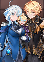  1boy absurdres aether_(genshin_impact) aged_up ahoge alternate_costume ascot black_ascot black_jacket blonde_hair blue_eyes blue_hair blue_jacket breasts brooch closed_mouth commentary couple english_commentary epaulettes female furina_(genshin_impact) genshin_impact gloves hair_between_eyes highres holding if_they_mated indoors jacket jewelry large_breasts lolicon long_hair looking_at_viewer multicolored_hair open_mouth short_hair smile tian_kazuki two-tone_hair very_long_hair vision_(genshin_impact) white_gloves white_hair yellow_eyes 